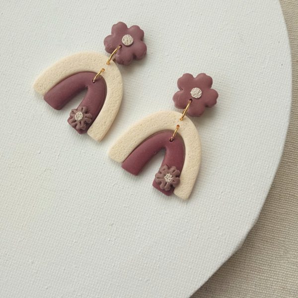 Ivory and mauve flower/ rainbow earrings