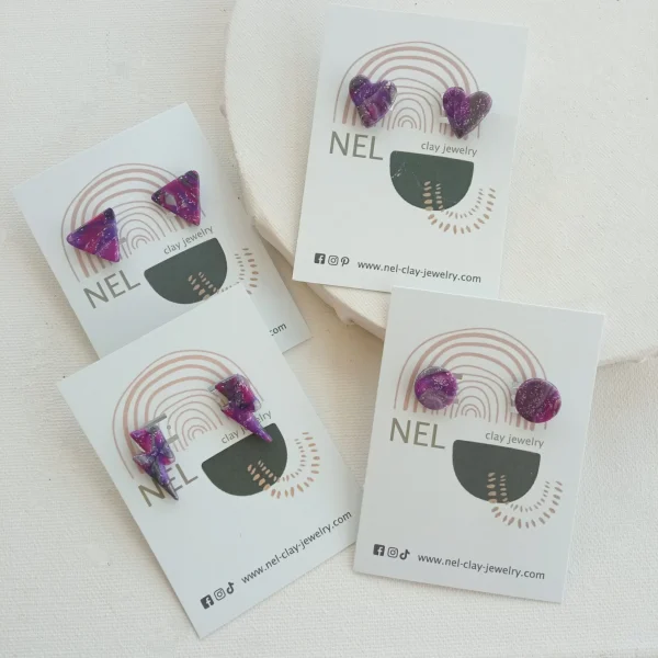 Marbled purple,  fuchsia and silver small studs