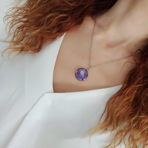 Marbled fuchsia, purple and silver  round pendant necklace