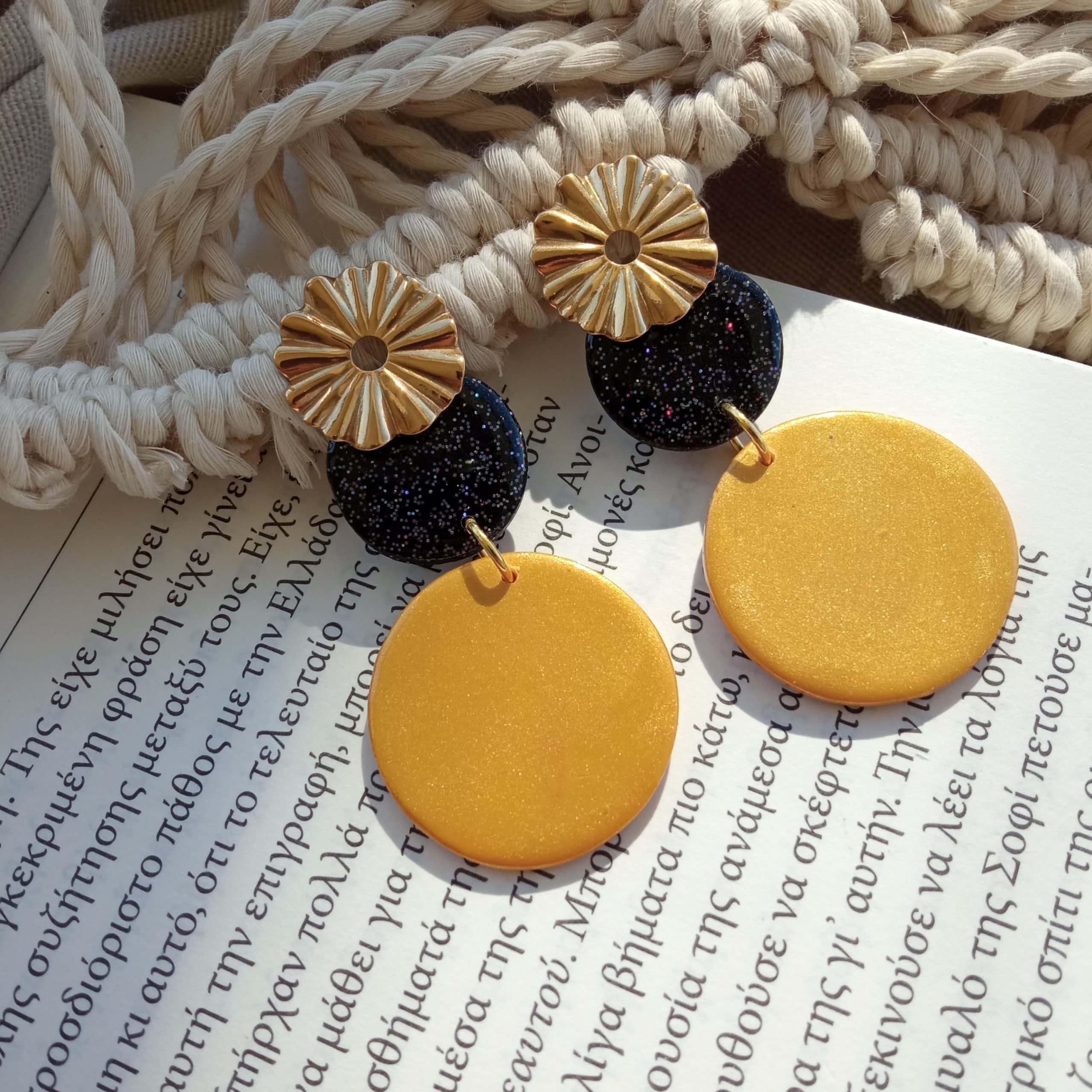 Black glitter and gold circles statement earrings Nel Clay Jewelry