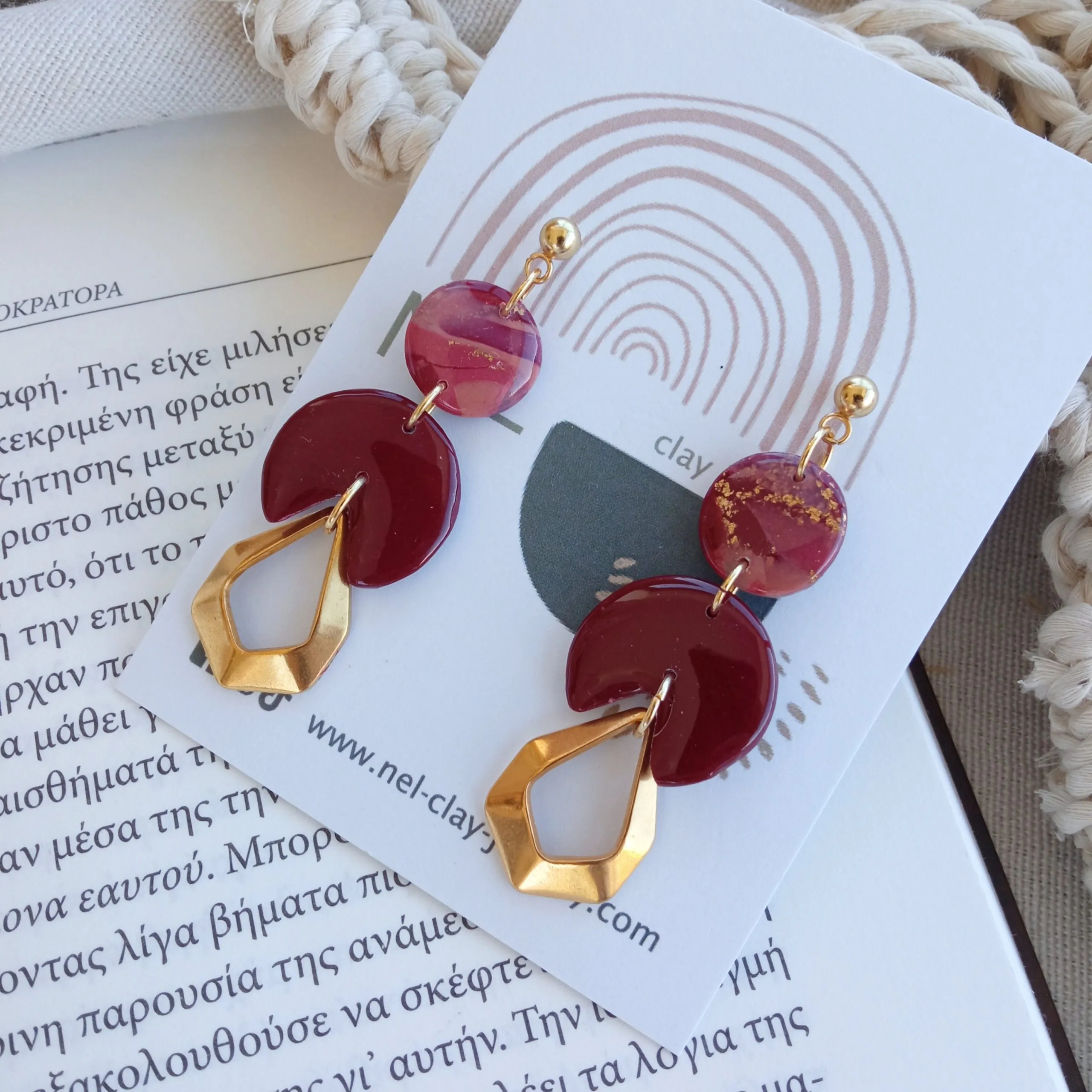 Marbled burgundy and dusty pink with gold triangles dangle