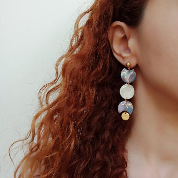 Marbled pearl, bluestone and lilac with gold details long statement earrings