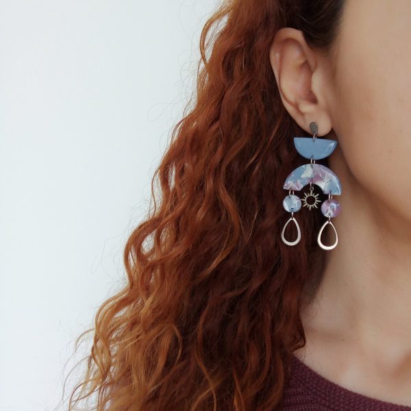 Marbled bluestone, lilac and pearl with silver details long boho earrings