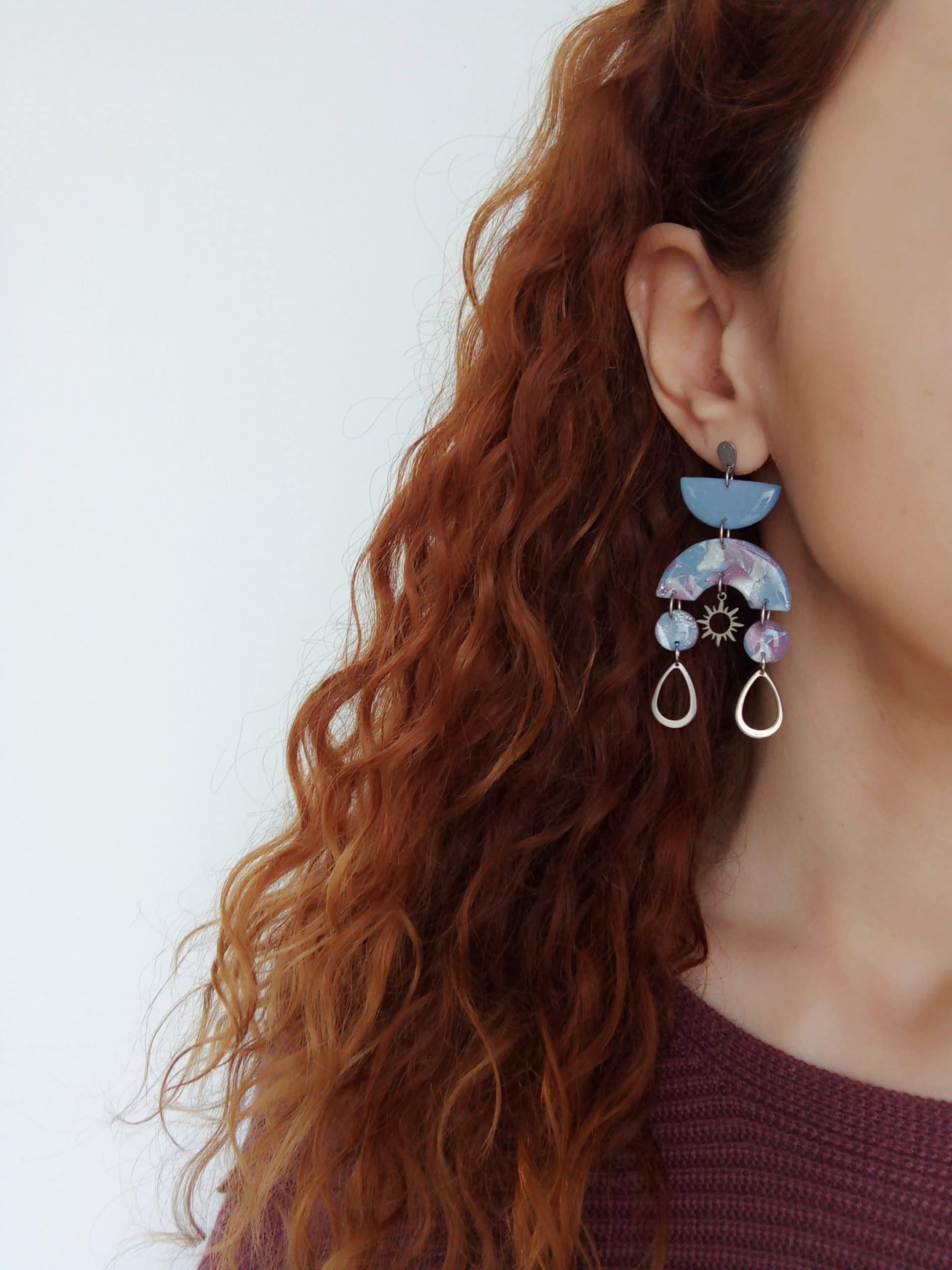 Nel Clay Jewelry - Marbled bluestone, lilac and pearl with silver details long boho earrings 1 Marbled bluestone, lilac and pearl with silver details long boho earrings