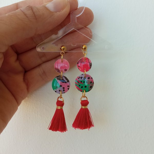 Red and green earrings with tassels