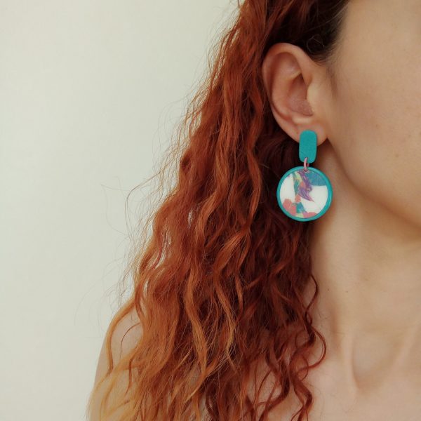 Turquoise and marbled multicoloured  circular earrings