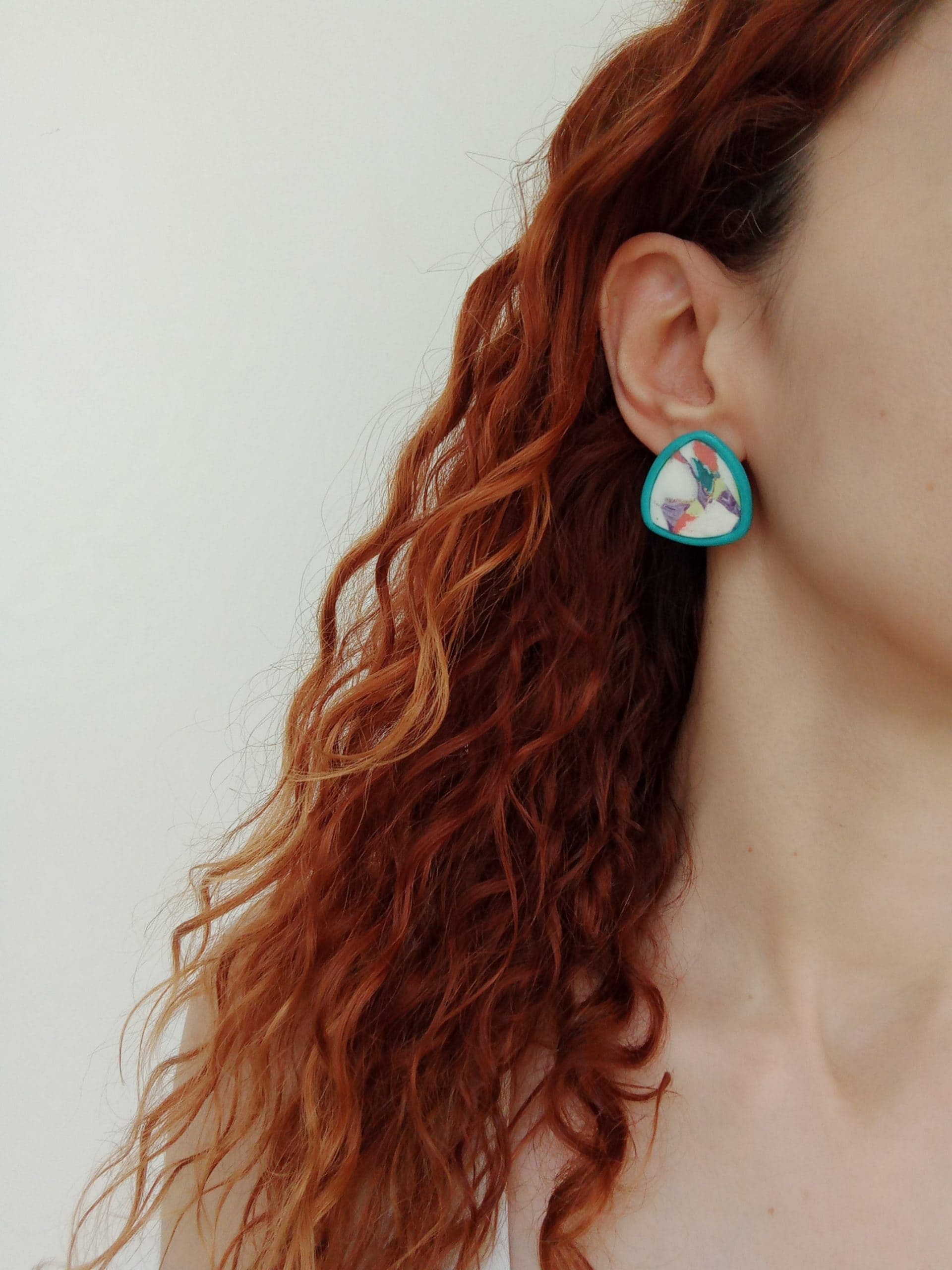 Nel Clay Jewelry - Turquoise and marbled multicoloured statement stud earrings 2 Turquoise and marbled multicoloured statement stud earrings - Image 2