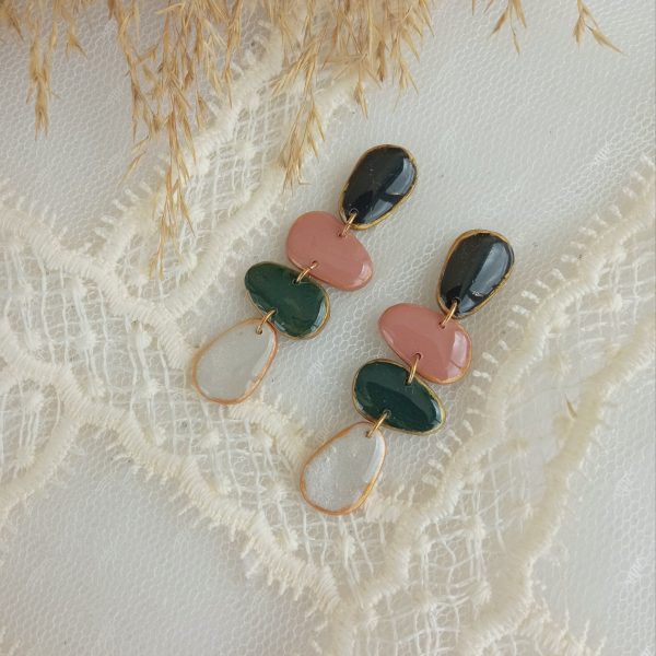 Boho modern artisan black, pink, dark green and pearl earrings