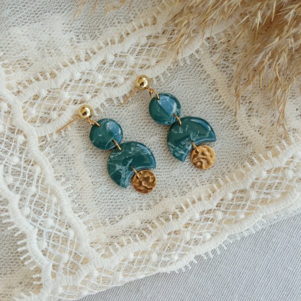 Marbled dark green crescent earrings