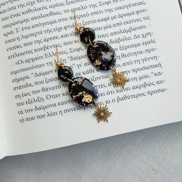 Black and gold sun dangle earrings
