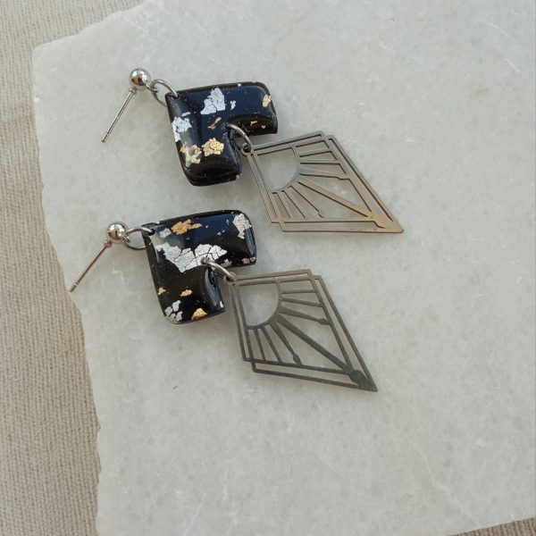 Black and silver rhombus heart earrings