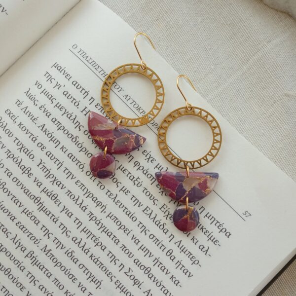 Marbled purple, gold circle statement earrings