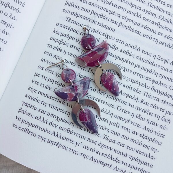 Marbled purple, silver crescent earrings