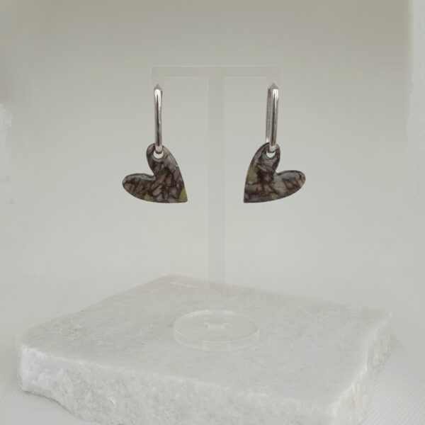 Marbled black and translucent heart hoop earrings