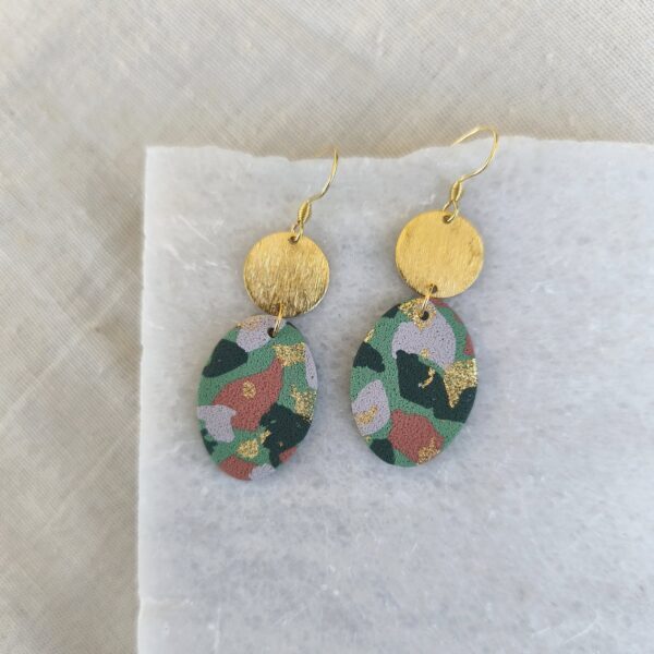 Green terrazzo and gold oval earrings