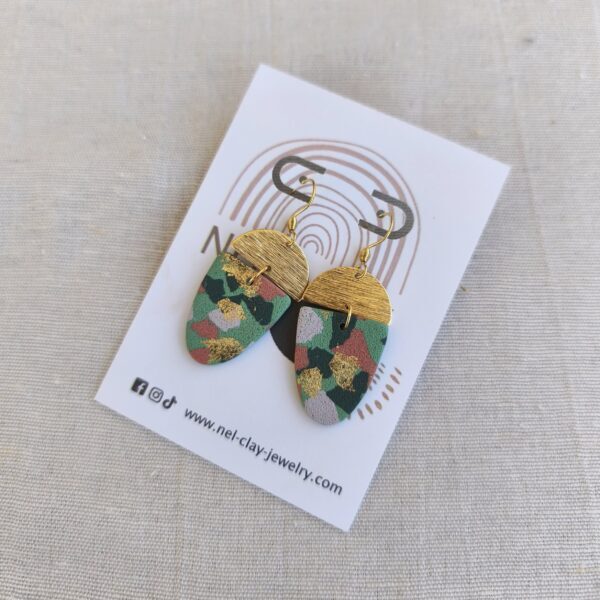 Green terrazzo and gold dangle earrings