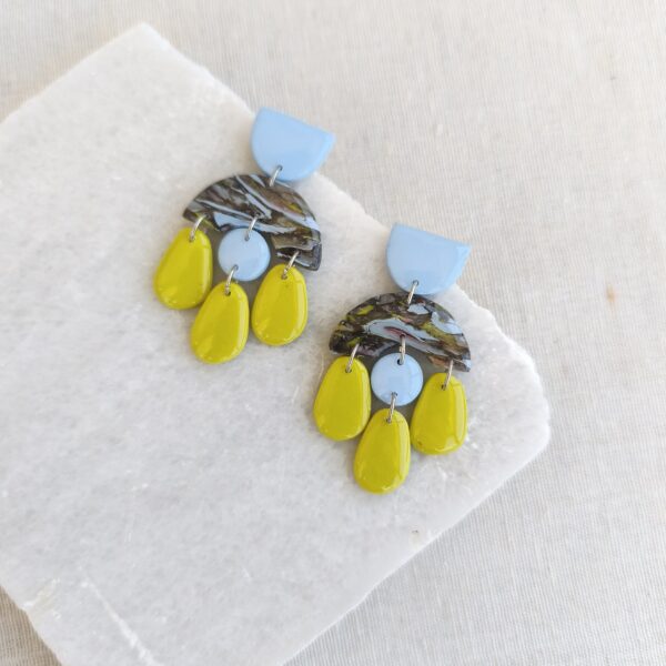 Marbled black, lime and sky blue funky boho earrings