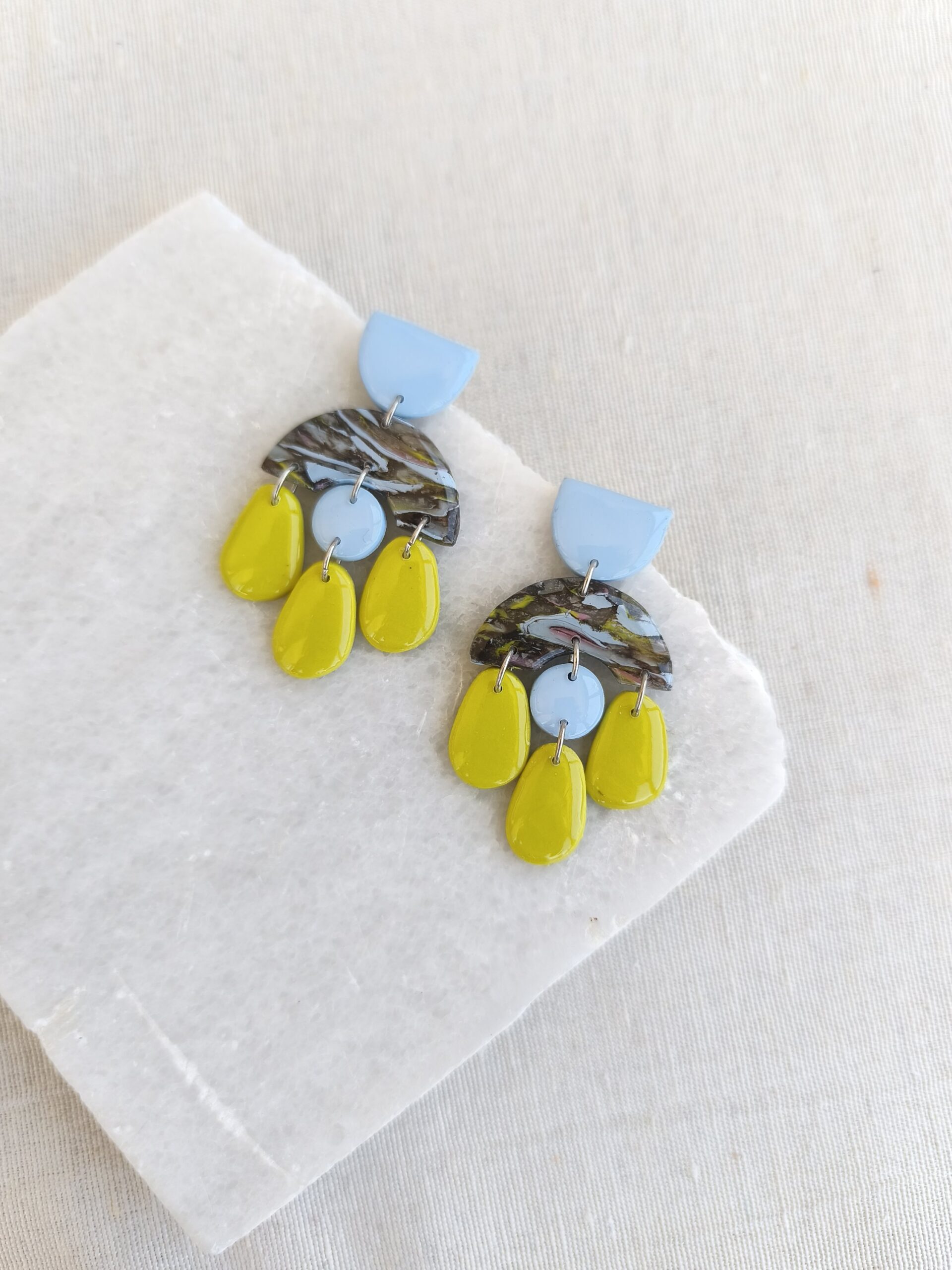 Nel Clay Jewelry - Marbled black, lime and sky blue funky boho earrings 1 Marbled black, lime and sky blue funky boho earrings