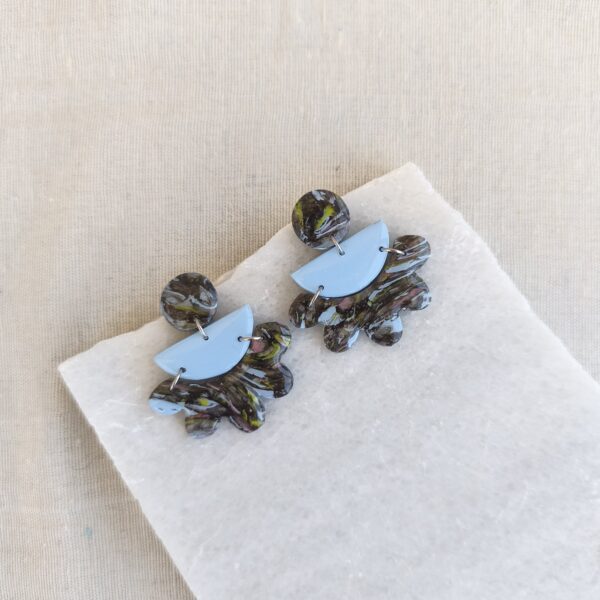 Marbled black and sky blue petal statement earrings