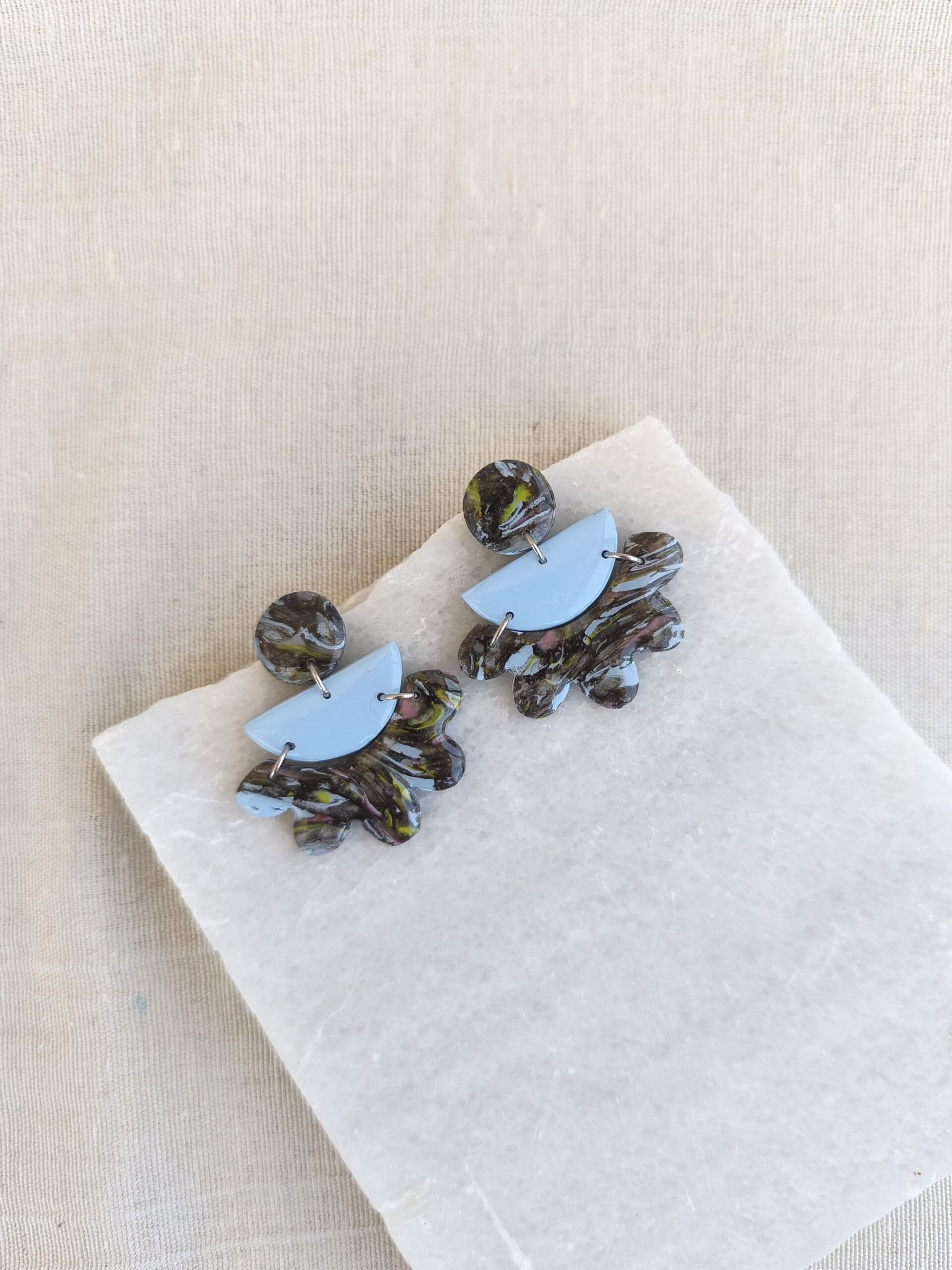 Nel Clay Jewelry - Marbled black and sky blue petal statement earrings 1 Marbled black and sky blue petal statement earrings