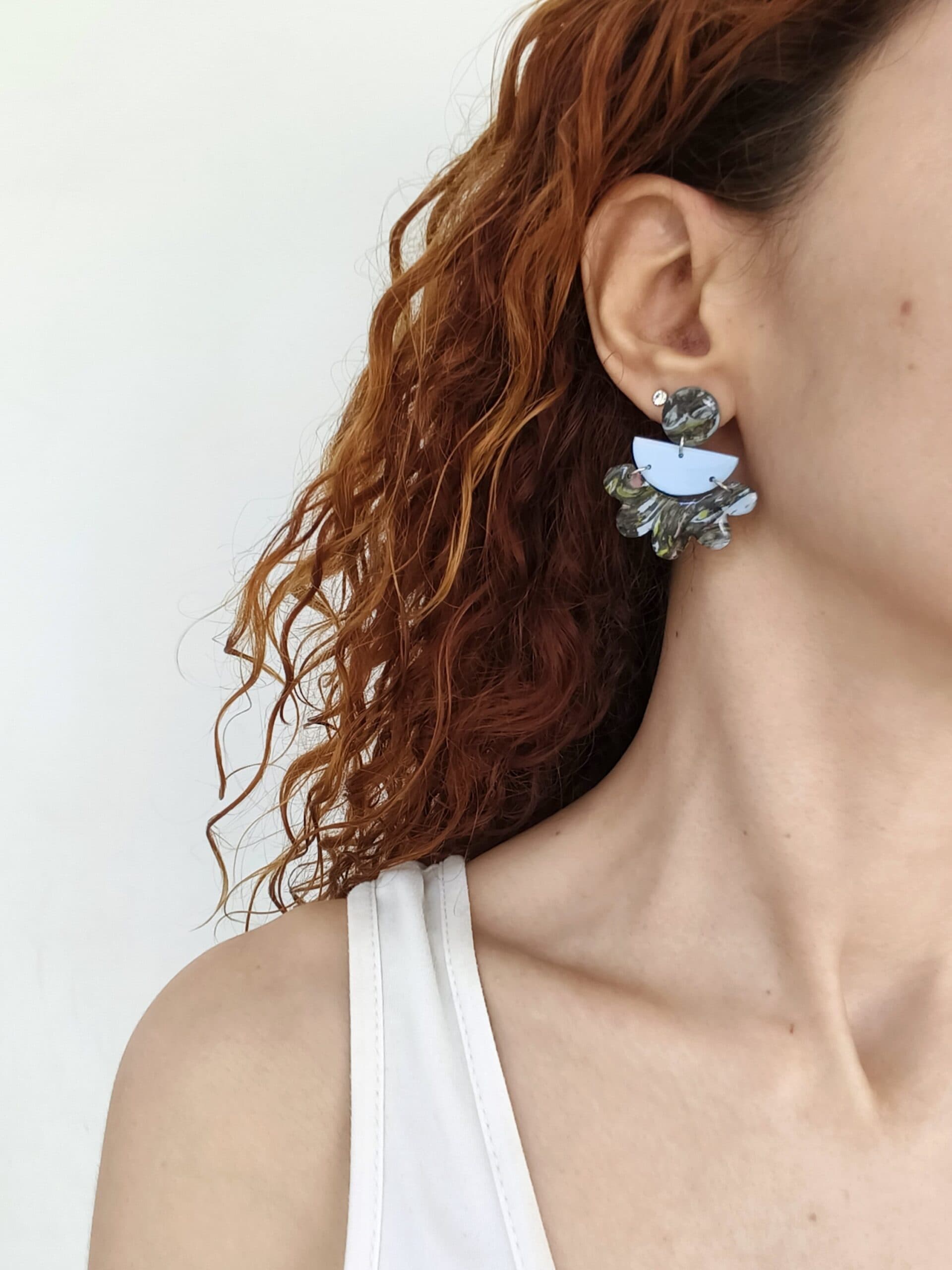 Nel Clay Jewelry - Marbled black and sky blue petal statement earrings 2 Marbled black and sky blue petal statement earrings - Image 2