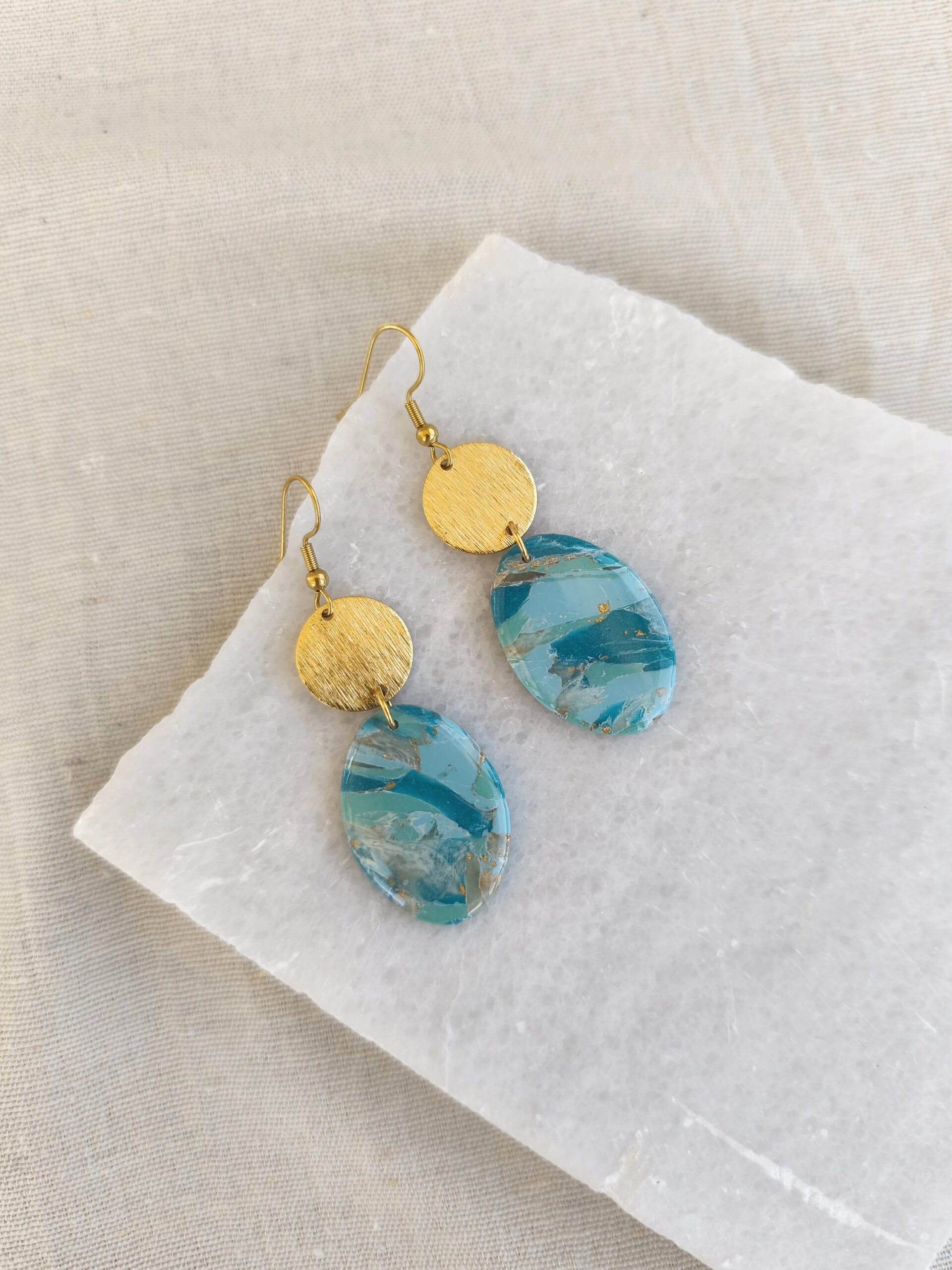 Nel Clay Jewelry - Marbled turquoise and gold oval dangles 1 Marbled turquoise and gold oval dangles