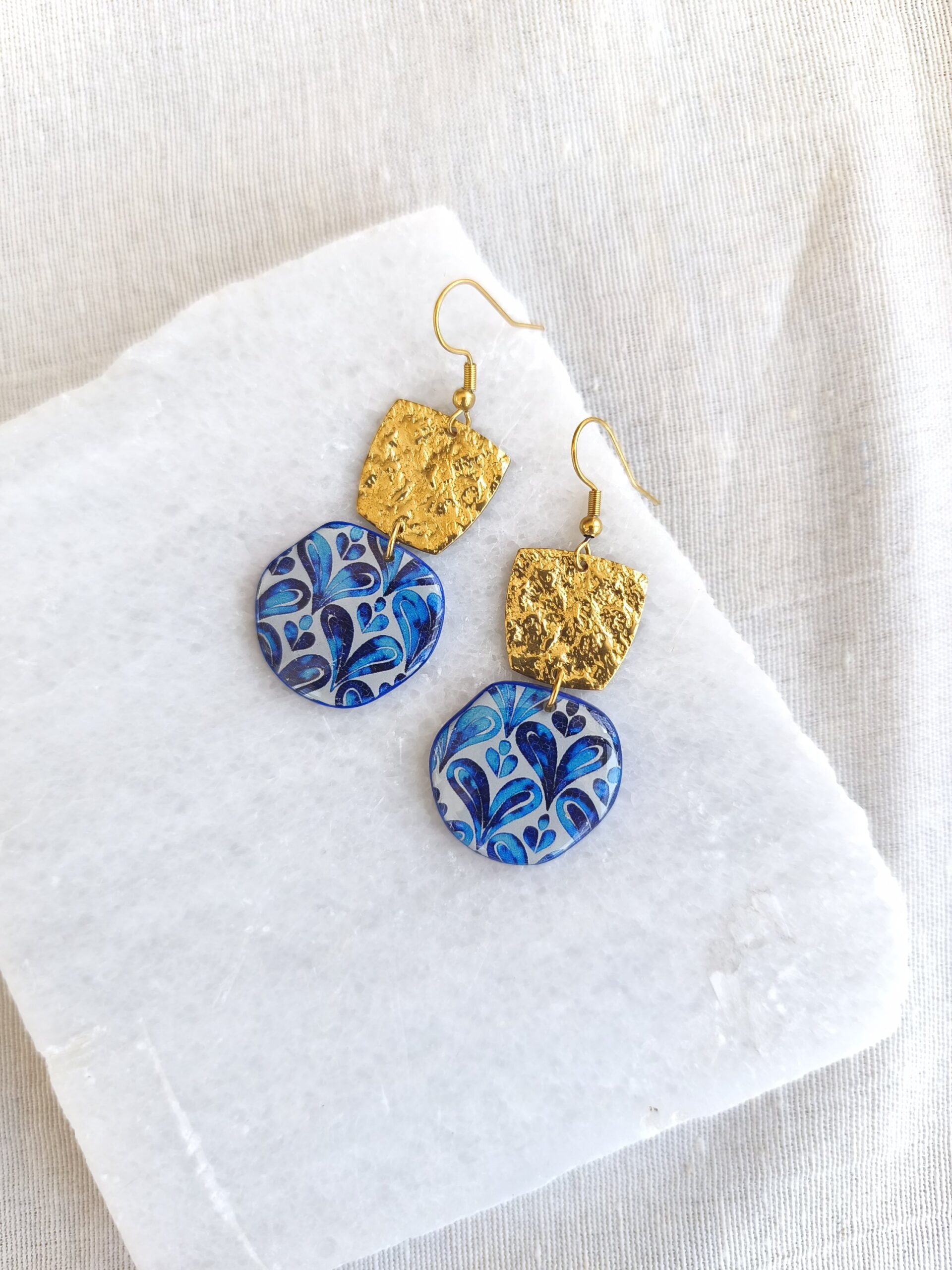 Nel Clay Jewelry - Patterned blue earrings with gold trapezoid charms 1 Patterned blue earrings with gold trapezoid charms