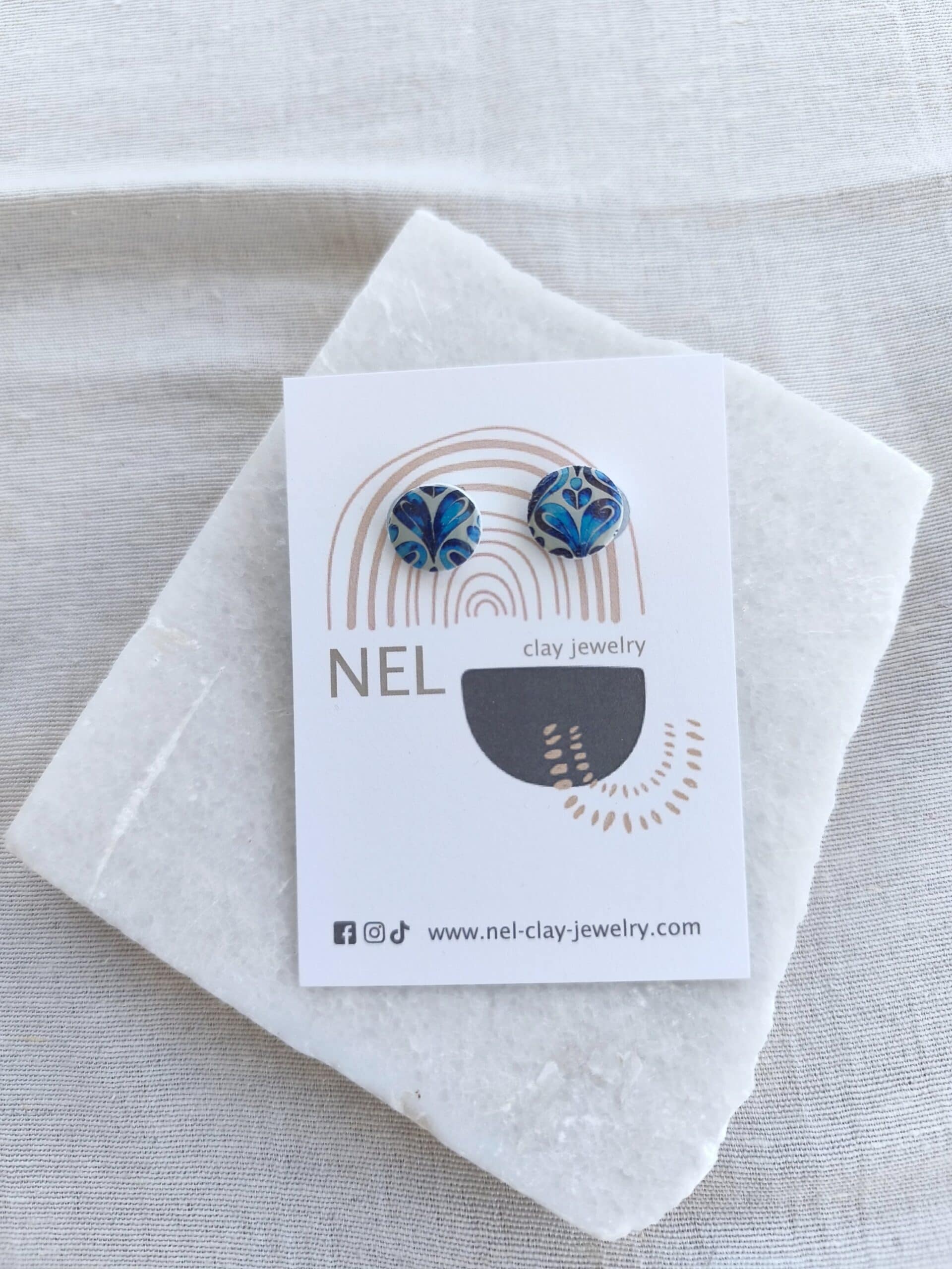 Nel Clay Jewelry - Patterned blue and white circular studs 1 Patterned blue and white circular studs