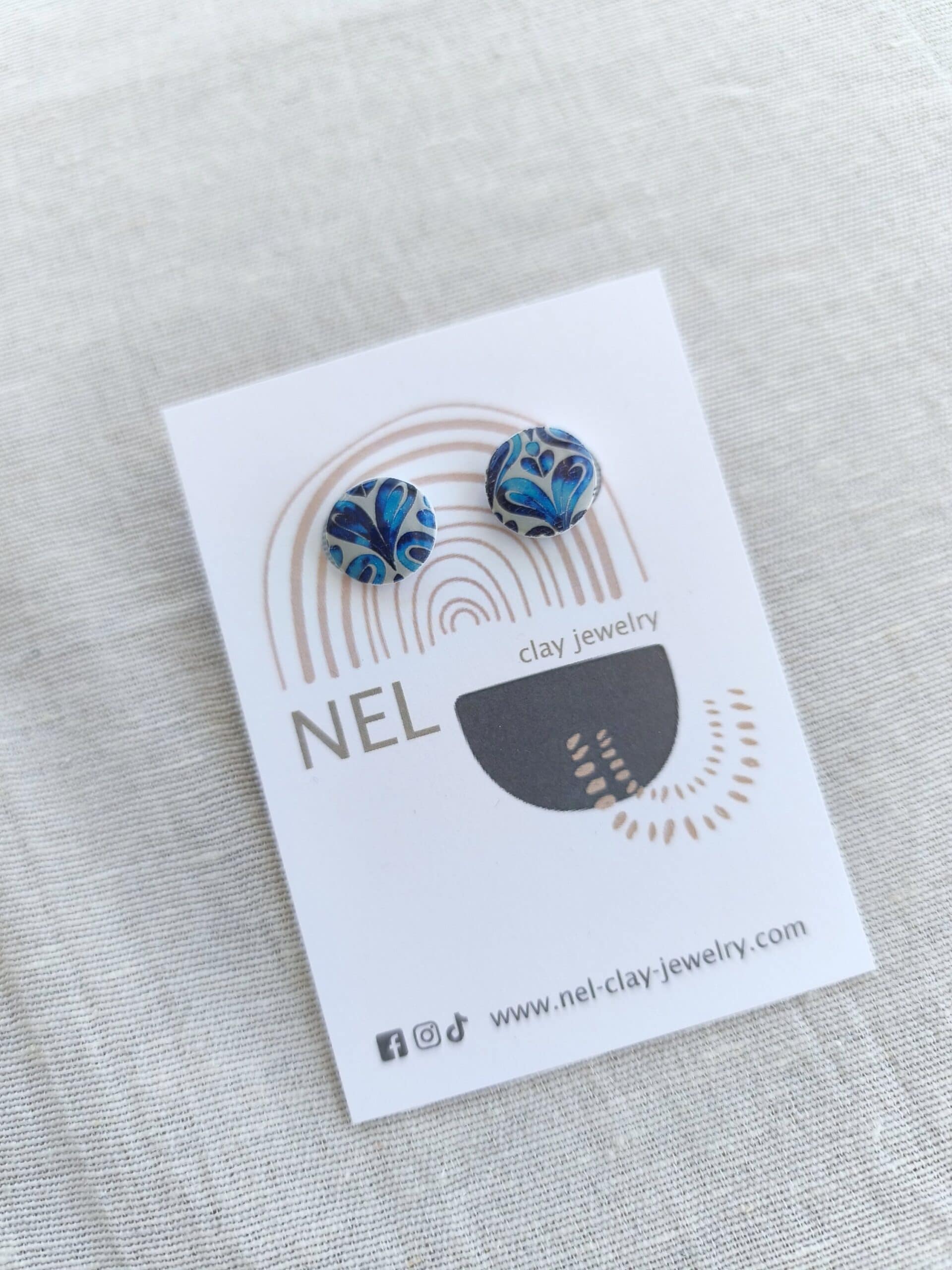 Nel Clay Jewelry - Patterned blue and white circular studs 2 Patterned blue and white circular studs - Image 2