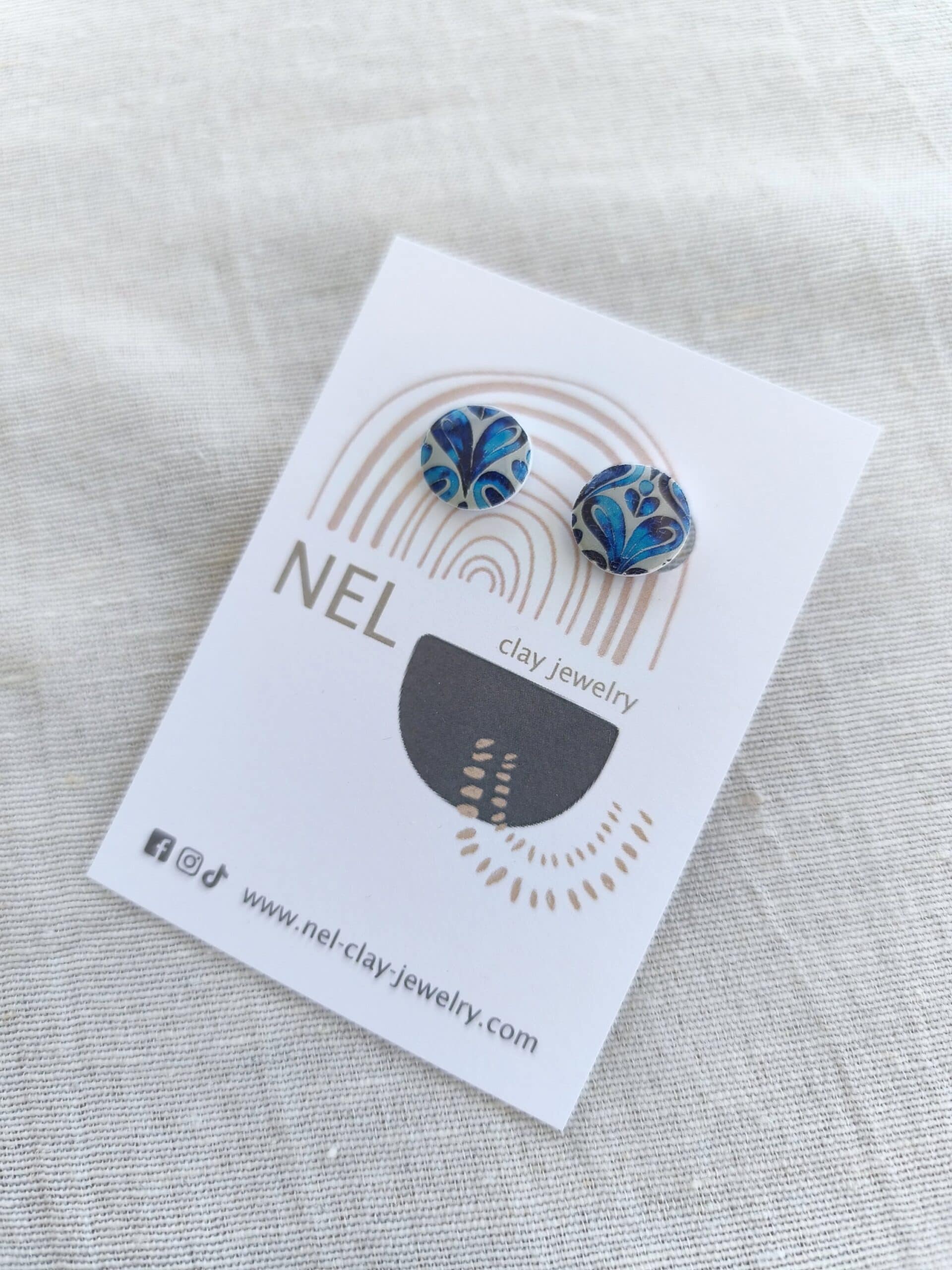 Nel Clay Jewelry - Patterned blue and white circular studs 3 Patterned blue and white circular studs - Image 3