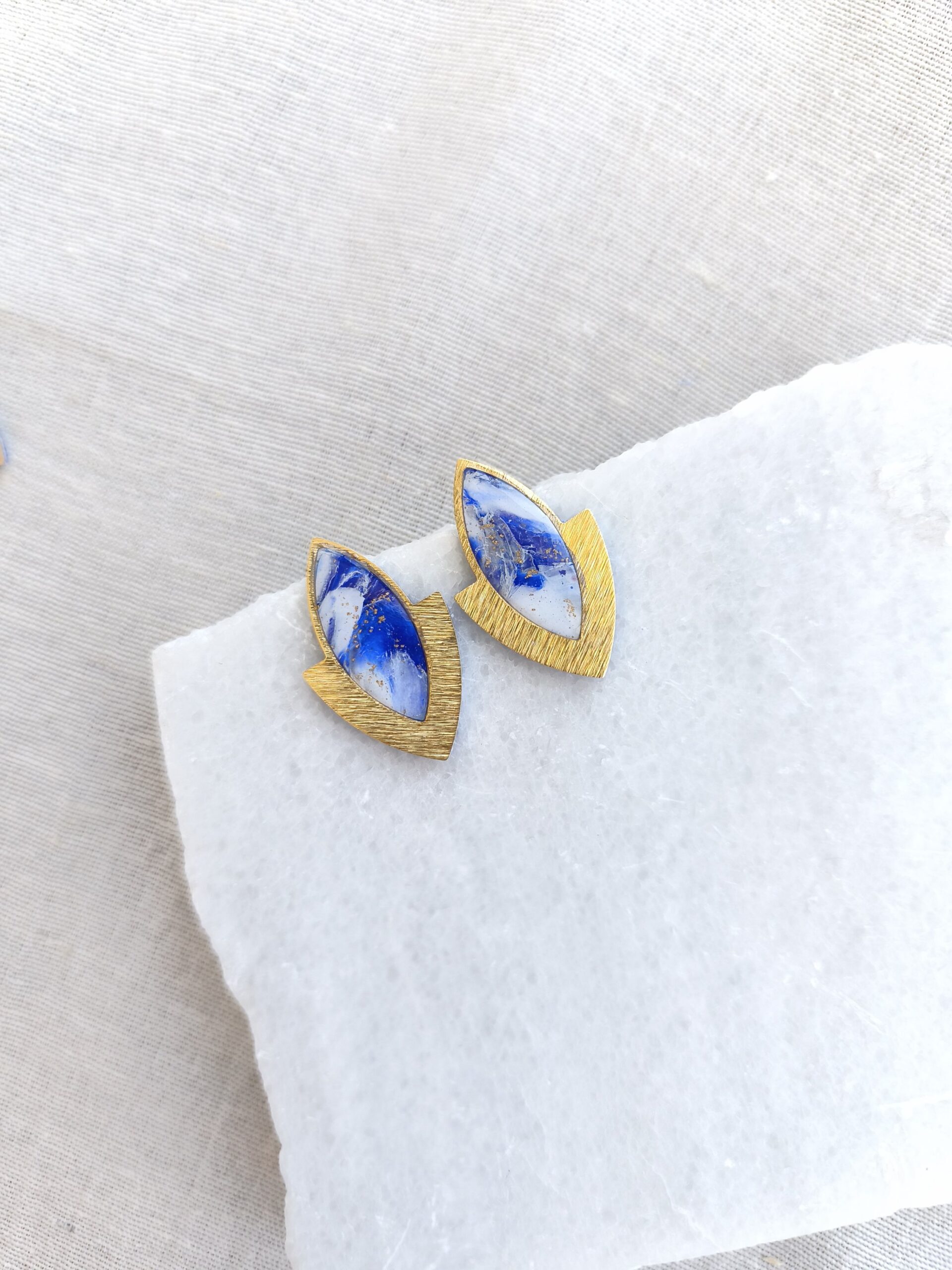 Nel Clay Jewelry - Marbled blue, white and gold statement studs 1 Marbled blue, white and gold statement studs