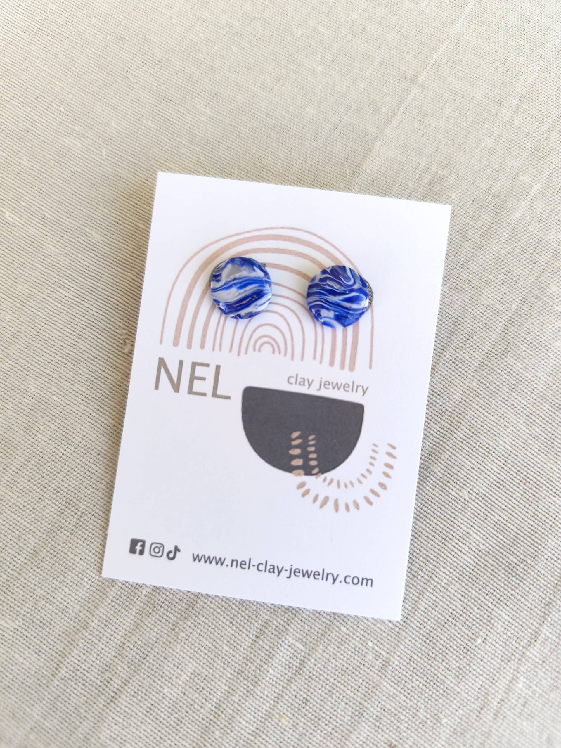 Nel Clay Jewelry - Marbled blue and white circular studs 1 Marbled blue and white circular studs