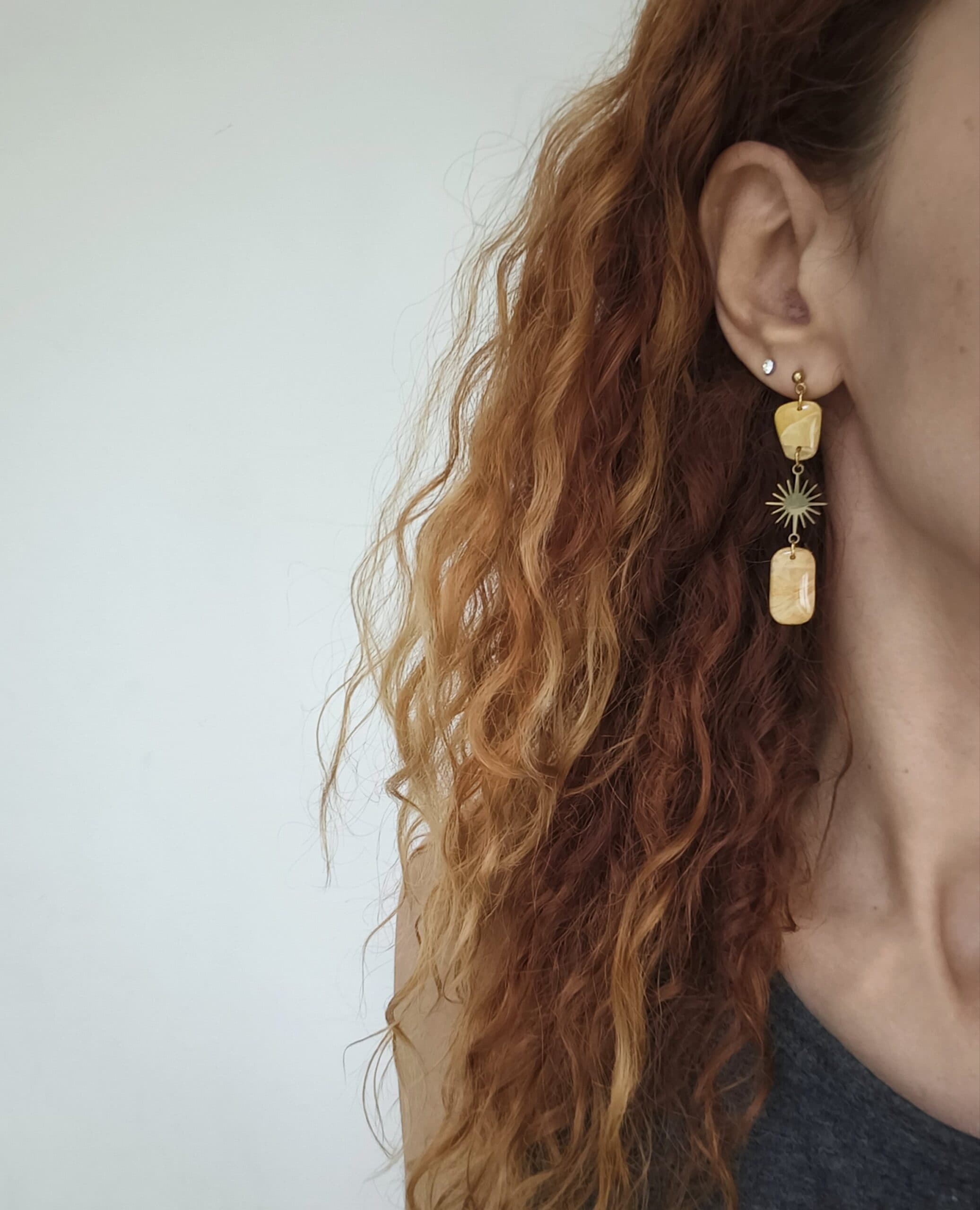 Nel Clay Jewelry - Marbled golden yellow boho chic dangles 2 Marbled golden yellow boho chic dangles - Image 2