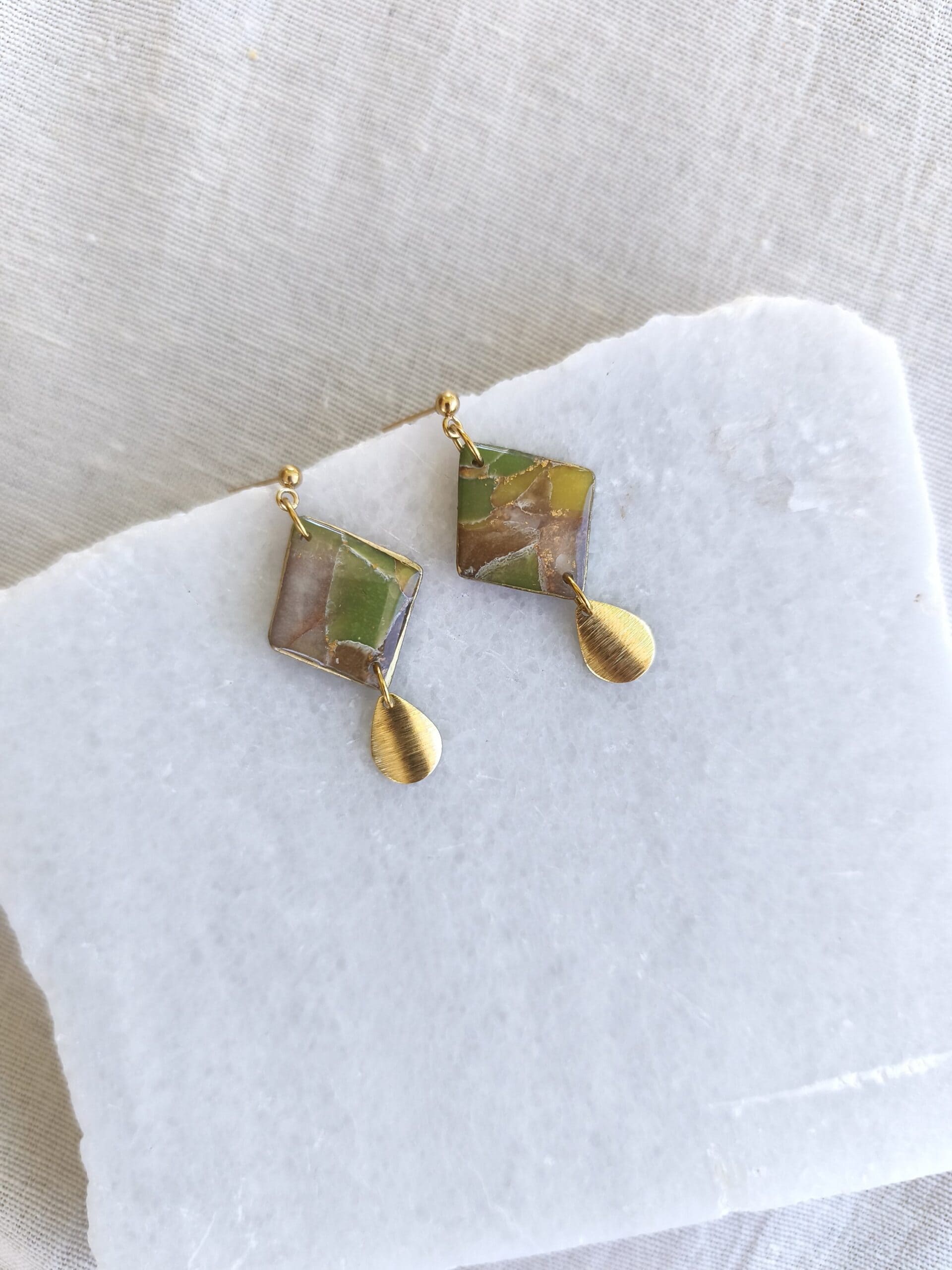 Nel Clay Jewelry - Marbled earthy and gold rhombus dangles 1 Marbled earthy and gold rhombus dangles